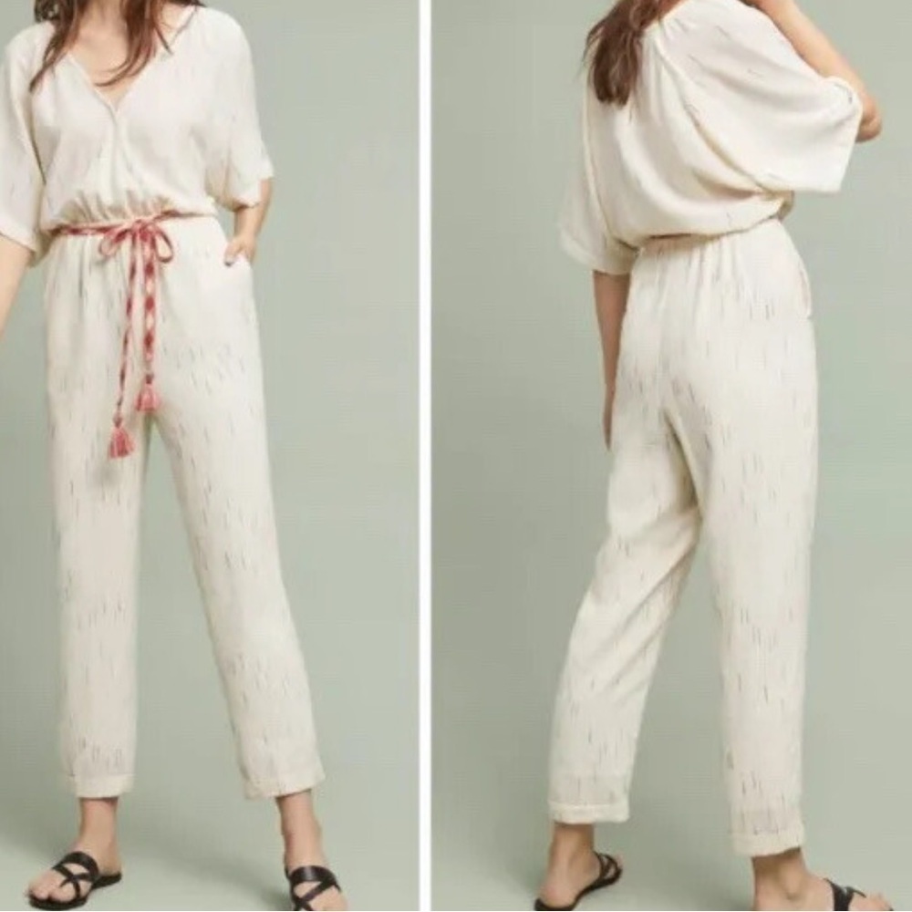 Feather Bone Anthropologie Soleli Jumpsuit Cream Oversized Top Fit Size XS